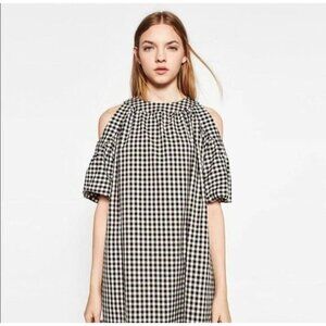 NWOT Zara Gingham Dress Cottage Ultra Oversized Puff Sleeves Bow Closure Pocke